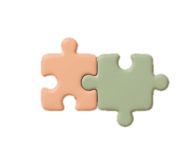 Clay render of a peach and a sage puzzle piece snapped together — designed by both sides