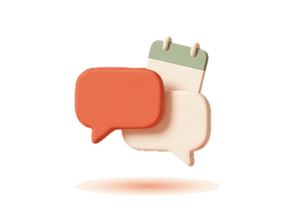 Clay render of two chat bubbles with a small calendar card, standing for coaching