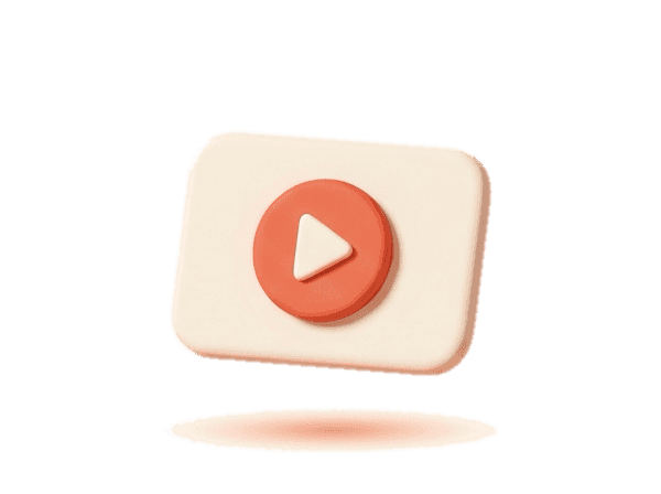 Clay render of a video course card with a coral play button